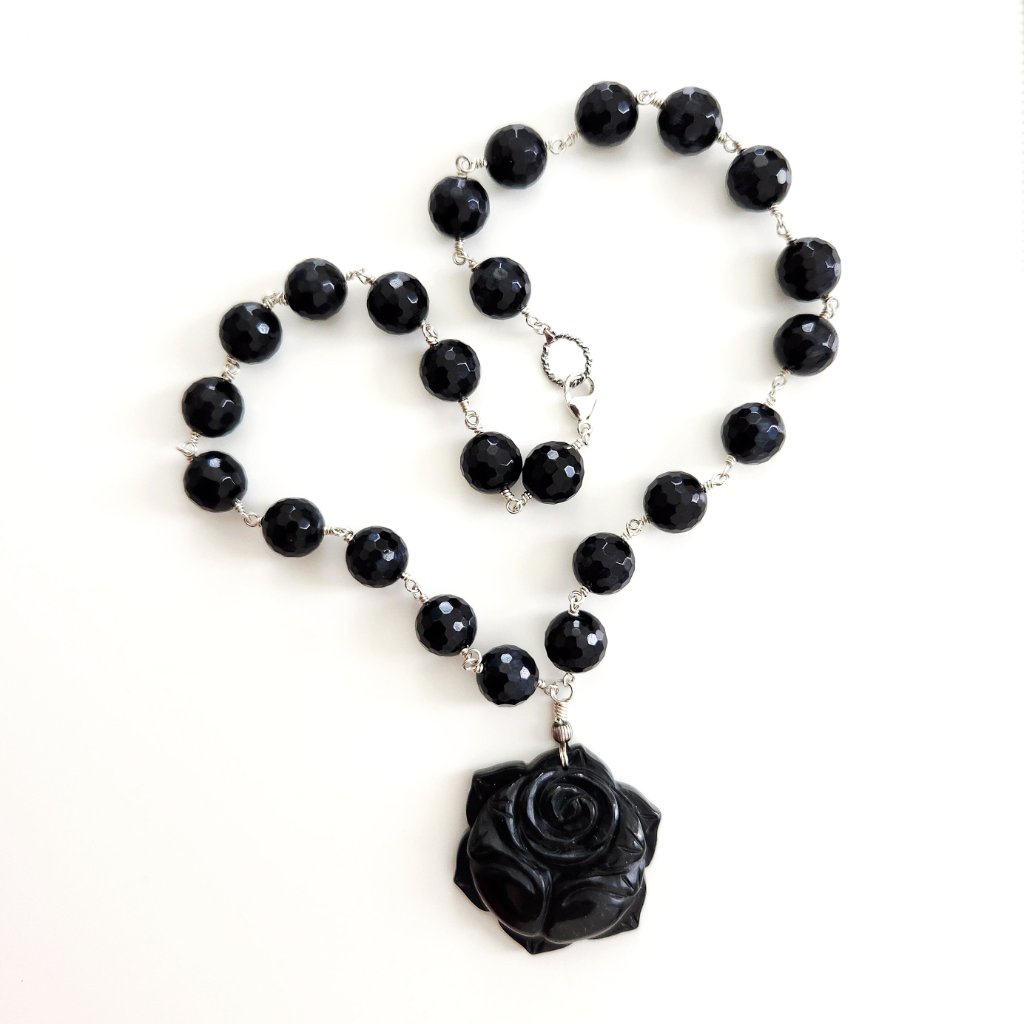 Dark Blue Tigers Eye Necklace W/ Carved Rose Pendant--19